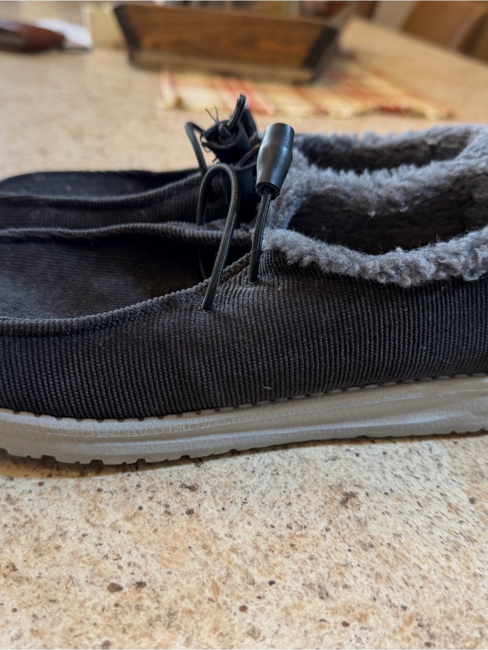 Hey Dude Black Corduroy Slip-On Loafers with Gray Fleece Collar